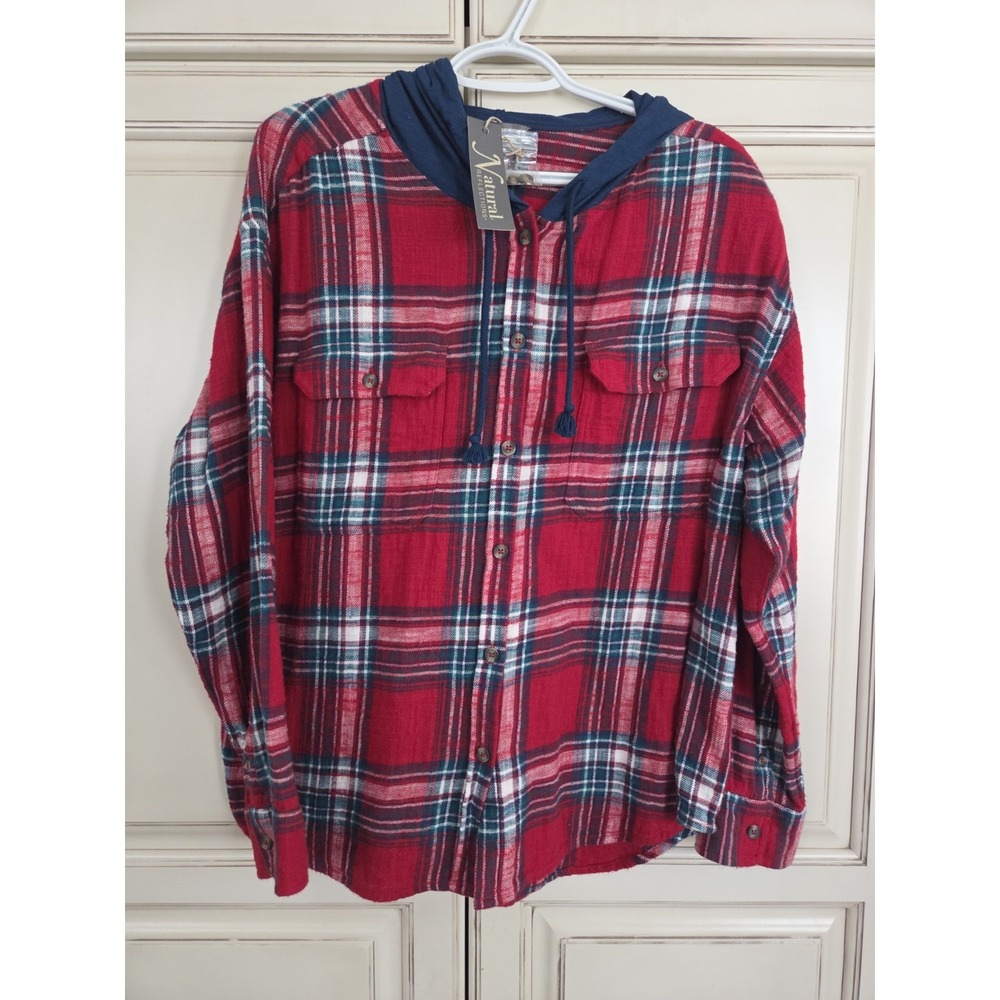 Natural Reflections Flannel‎ Plaid Hooded Button Up Women's Large Red Cozy